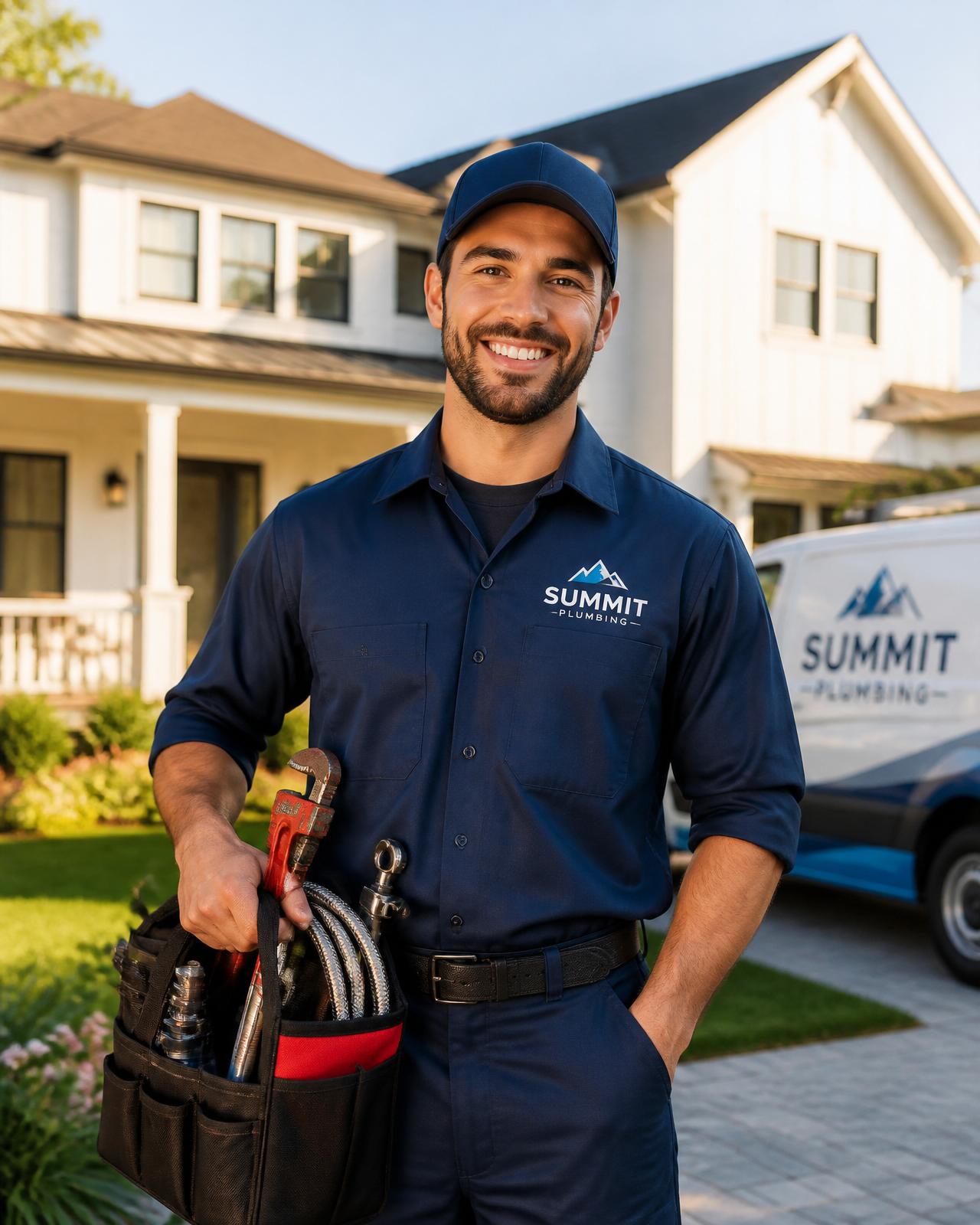 Smiling home service technician in front of a bright suburban home — local SEO leads for contractors